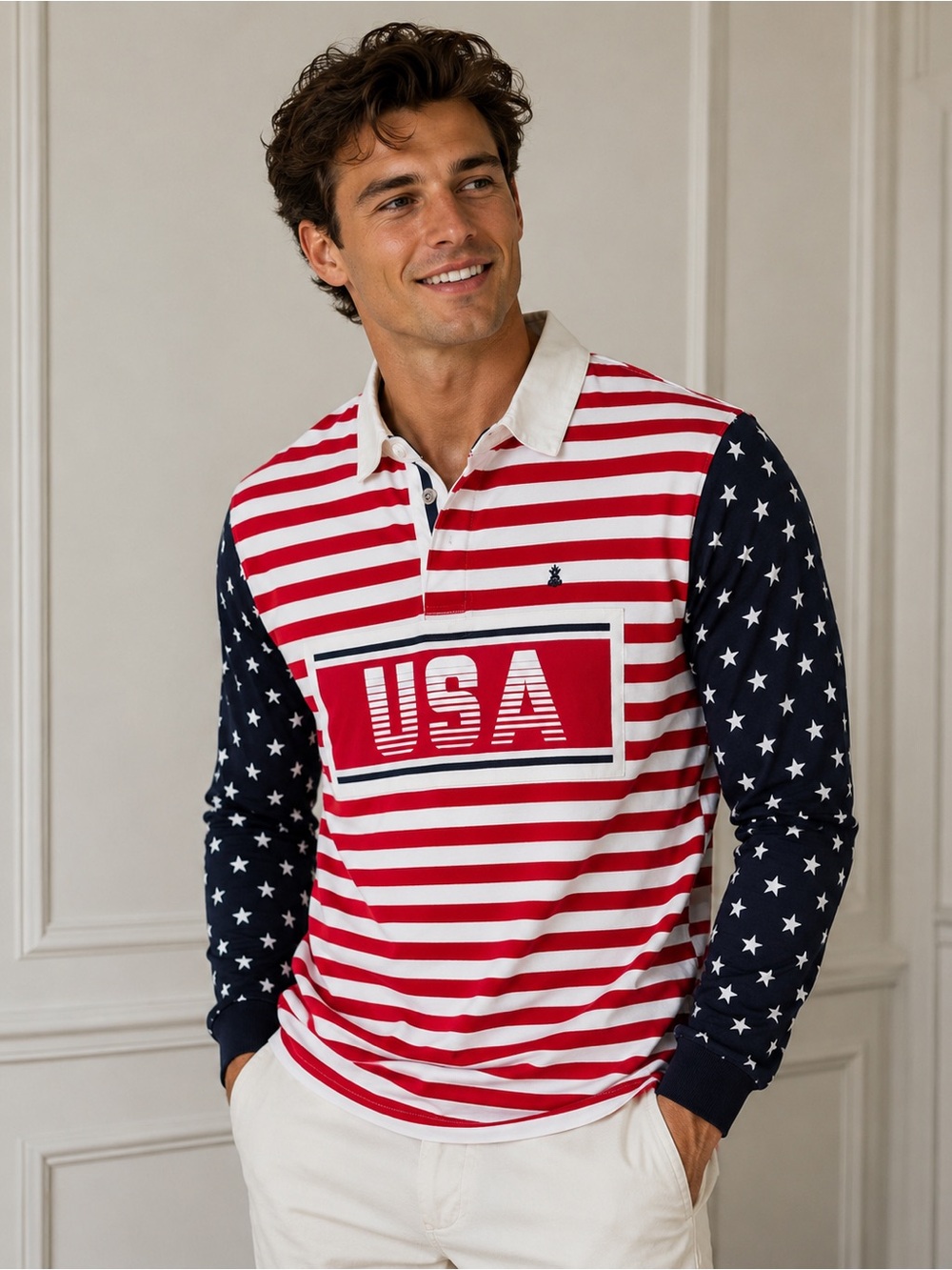 chubbies USA Striped Rugby Shirt Patriotic Stars & Stripes LS Polo Large NWT